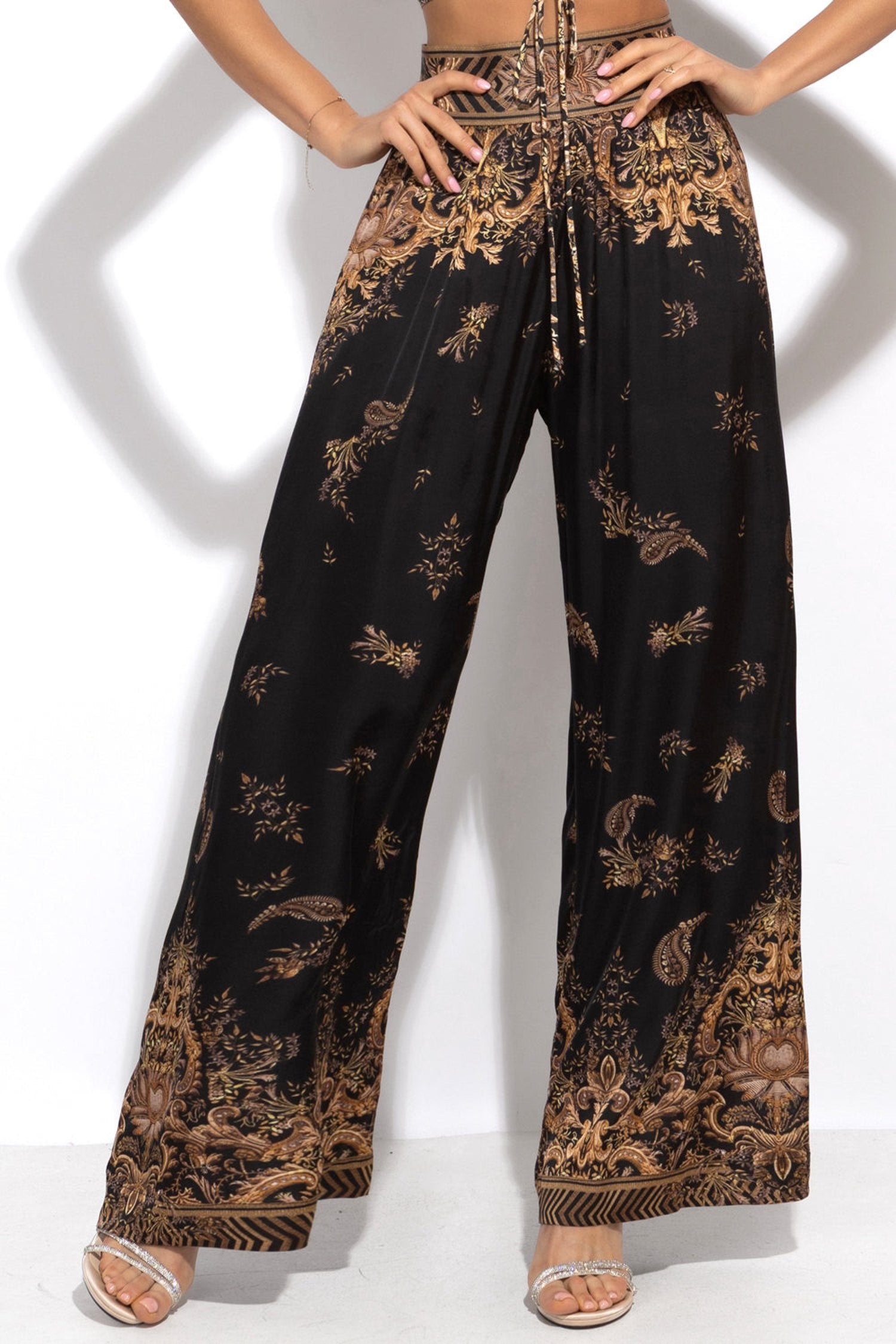 VISCOSE SATIN WIDE-LEG TROUSERS WITH ELASTIC WAIST - GOLDEN STRIPES