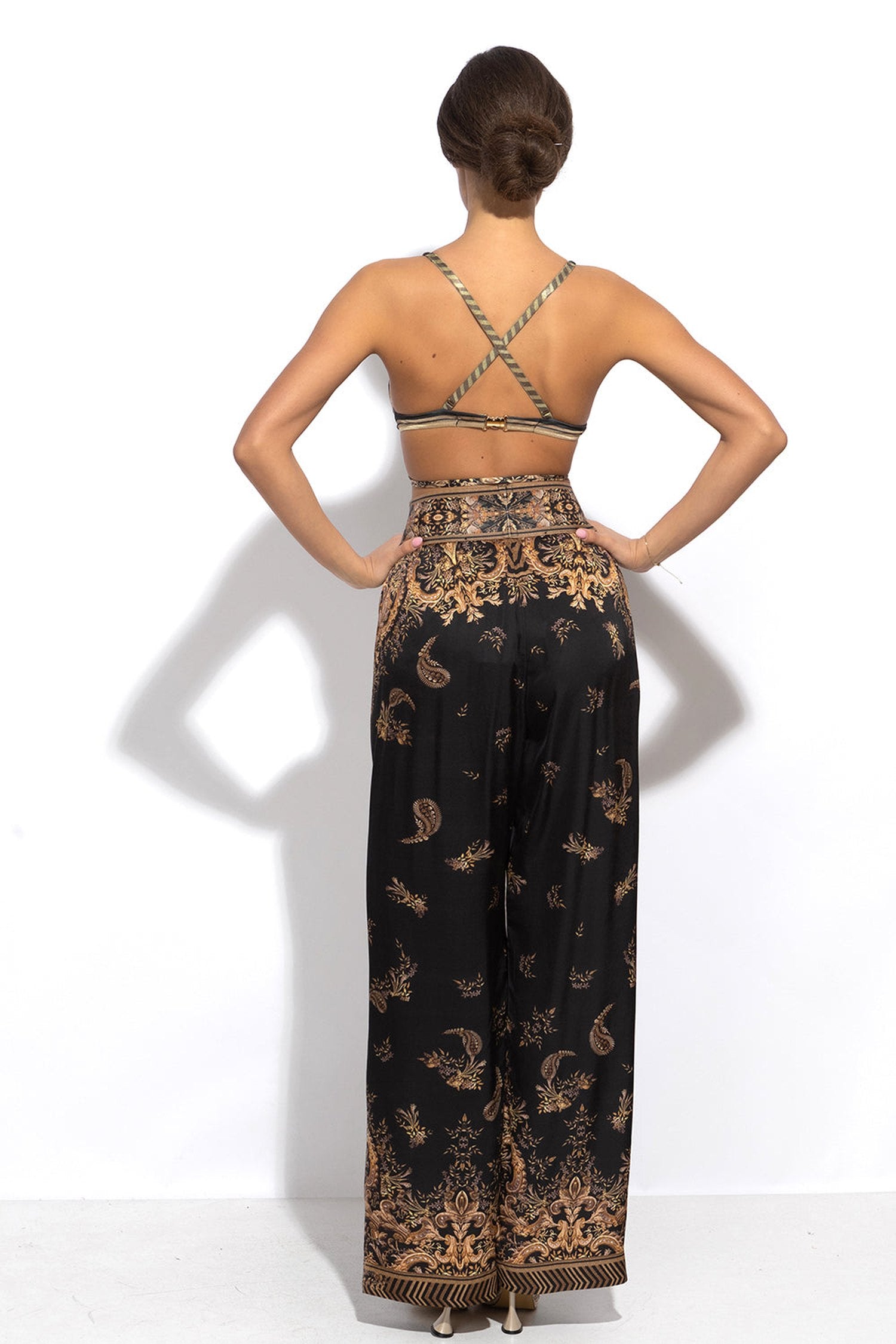 VISCOSE SATIN WIDE-LEG TROUSERS WITH ELASTIC WAIST - GOLDEN STRIPES