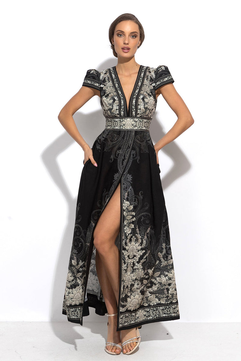 EMPIRE WAIST MAXI DRESS WITH LINEN FEEL - FROZEN LOTUS JIORO МАКСИ РОКЛЯ С ВИСОКА ТАЛИЯ С УСЕЩАНЕ ЗА ЛЕН - FROZEN LOTUS JIORO