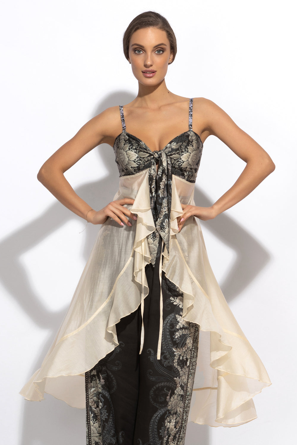 LYOCELl AND VISCOSE LONG RUFFLED TUNIC - FROZEN LOTUS