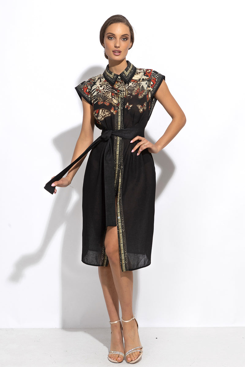 POPLIN SHIRT DRESS WITH OVAL HEM AND DRAPED WAIST - MIDNIGHT BUTTERFLIES JIORO РОКЛЯ ТИП РИЗА ОТ ПОПЛИН С ОВАЛЕН ПОДГЪВ И ДРАПИРАНА ТАЛИЯ - MIDNIGHT BUTTERFLIES JIORO