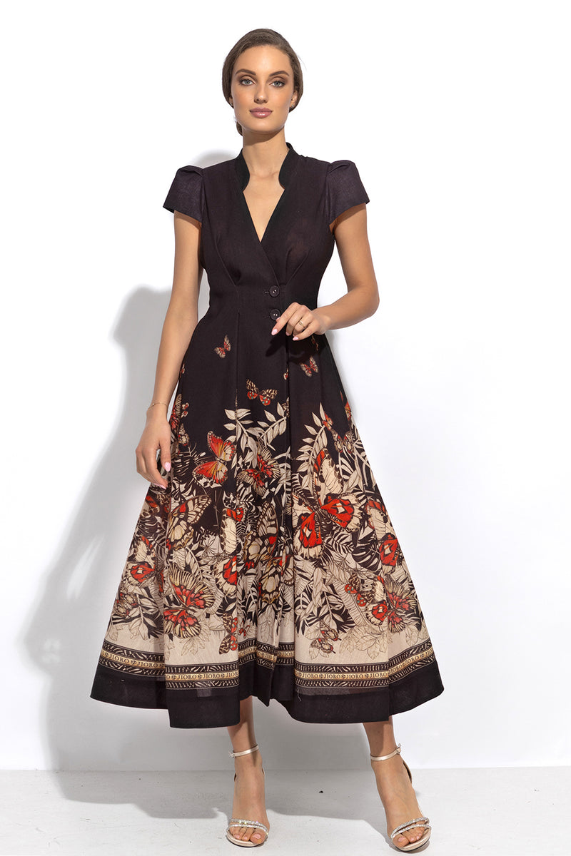 LONG FLARED LINEN DRESS - MIDNIGHT BUTTERFLIES JIORO ДЪЛГА РАЗКРОЕНА РОКЛЯ ОТ ЛЕН – MIDNIGHT BUTTERFLIES JIORO