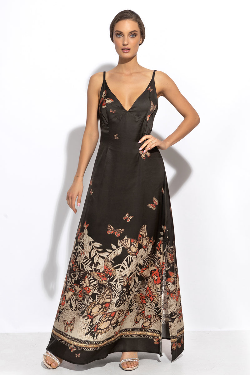 VISCOSE SLIP DRESS WITH OPEN BACK AND THIN STRAPS - MIDNIGHT BUTTERFLIES