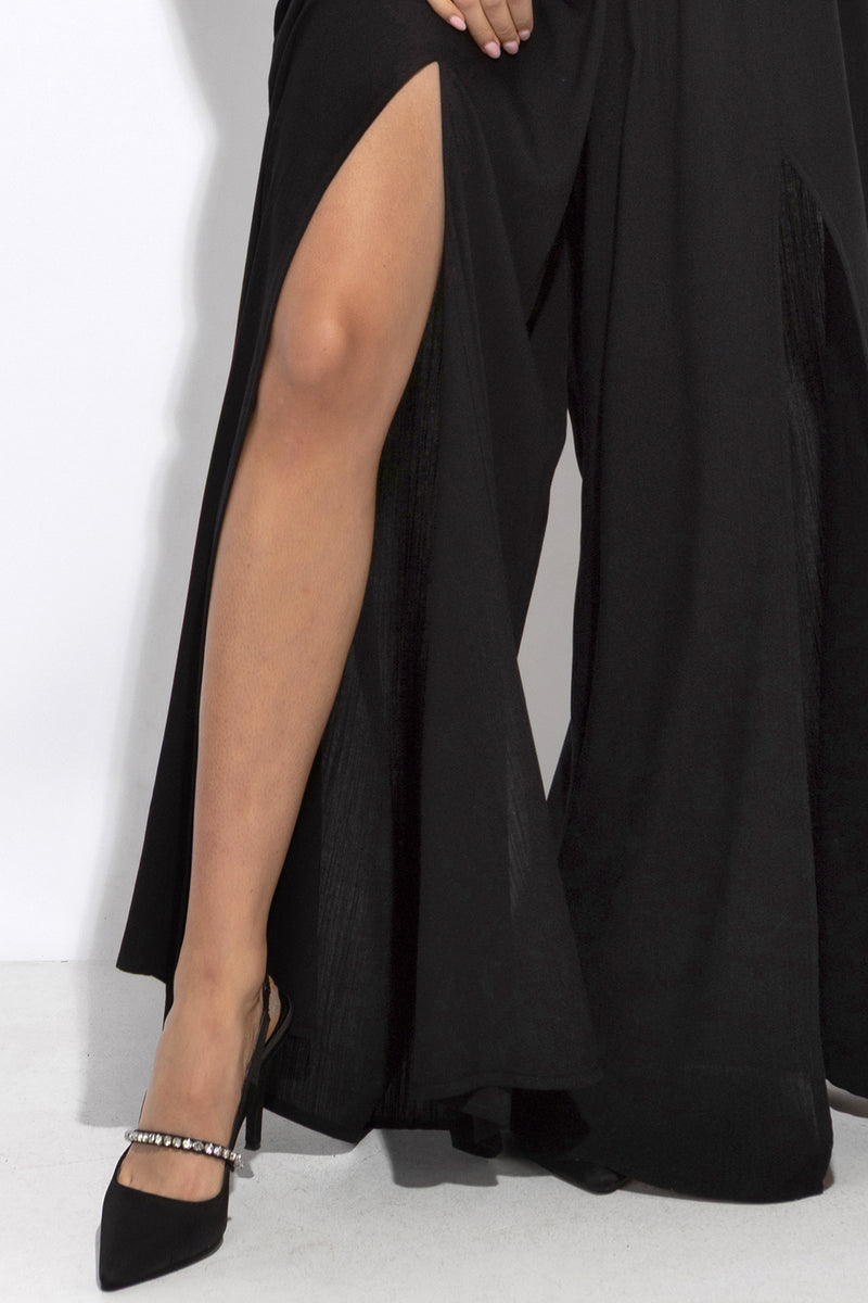 BLACK VISCOSE PANTS WITH ELASTIC WAIST IN BAROQUE PEARL AND SLITS - ESSENTIALS JIORO ЧЕРЕН ПАНТАЛОН ОТ ВИСКОЗА С ЛАСТИК В ТАЛИЯТА BAROQUE PEARL – ESSENTIALS JIORO