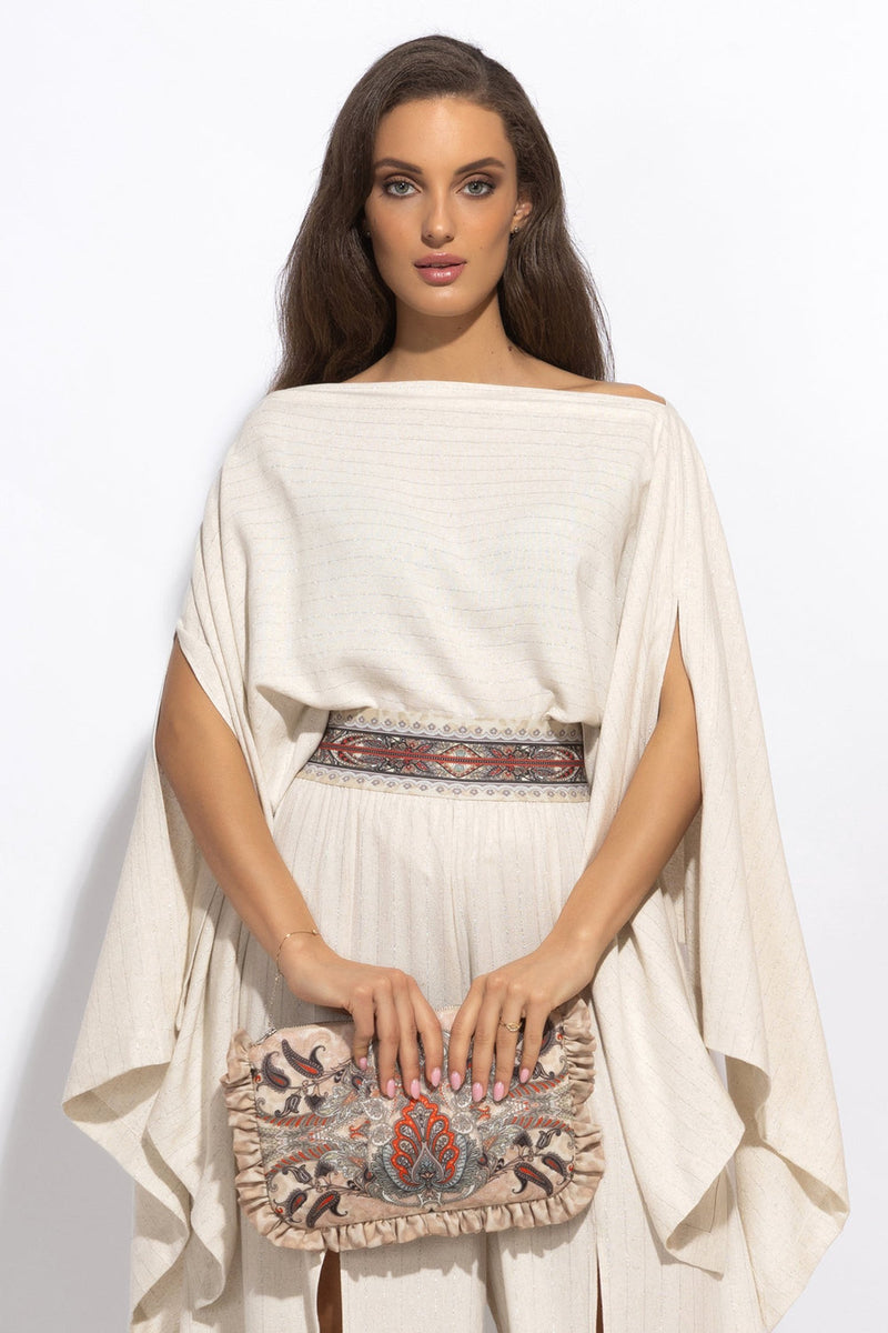 RELAXED VISCOSE-LINEN TUNIC WITH SIDE SLITS IN ECRU STRIPED - ESSENTIALS