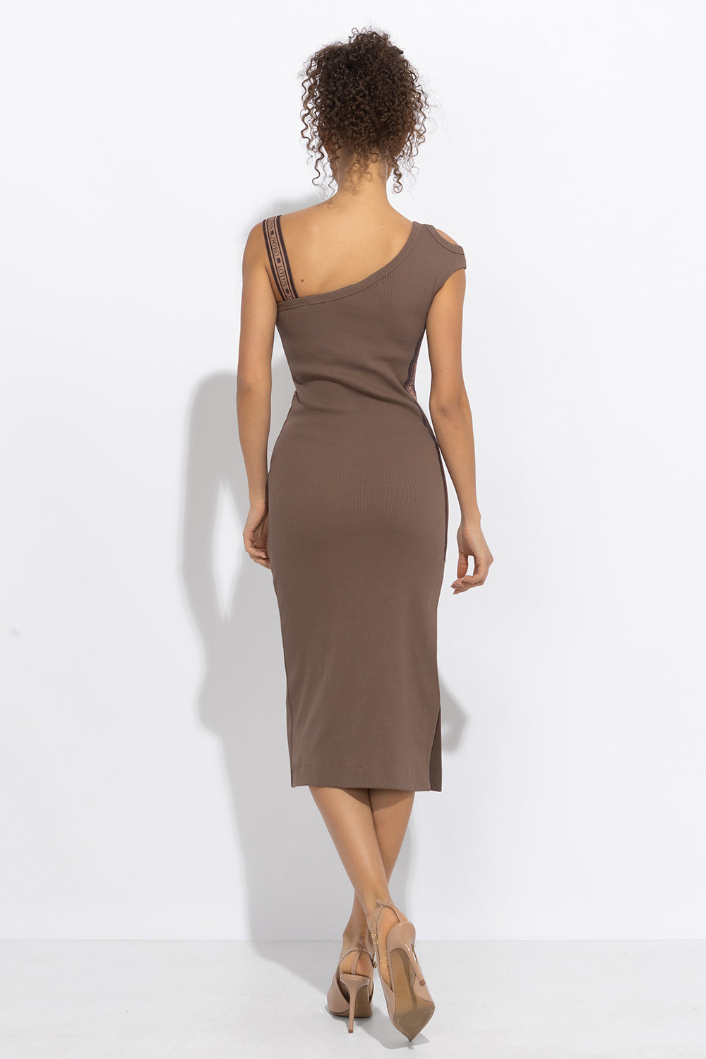 COTTON MIDI DRESS WITH ASYMMETRICAL SHOULDERS - MOCHA MOUSSE LOGO