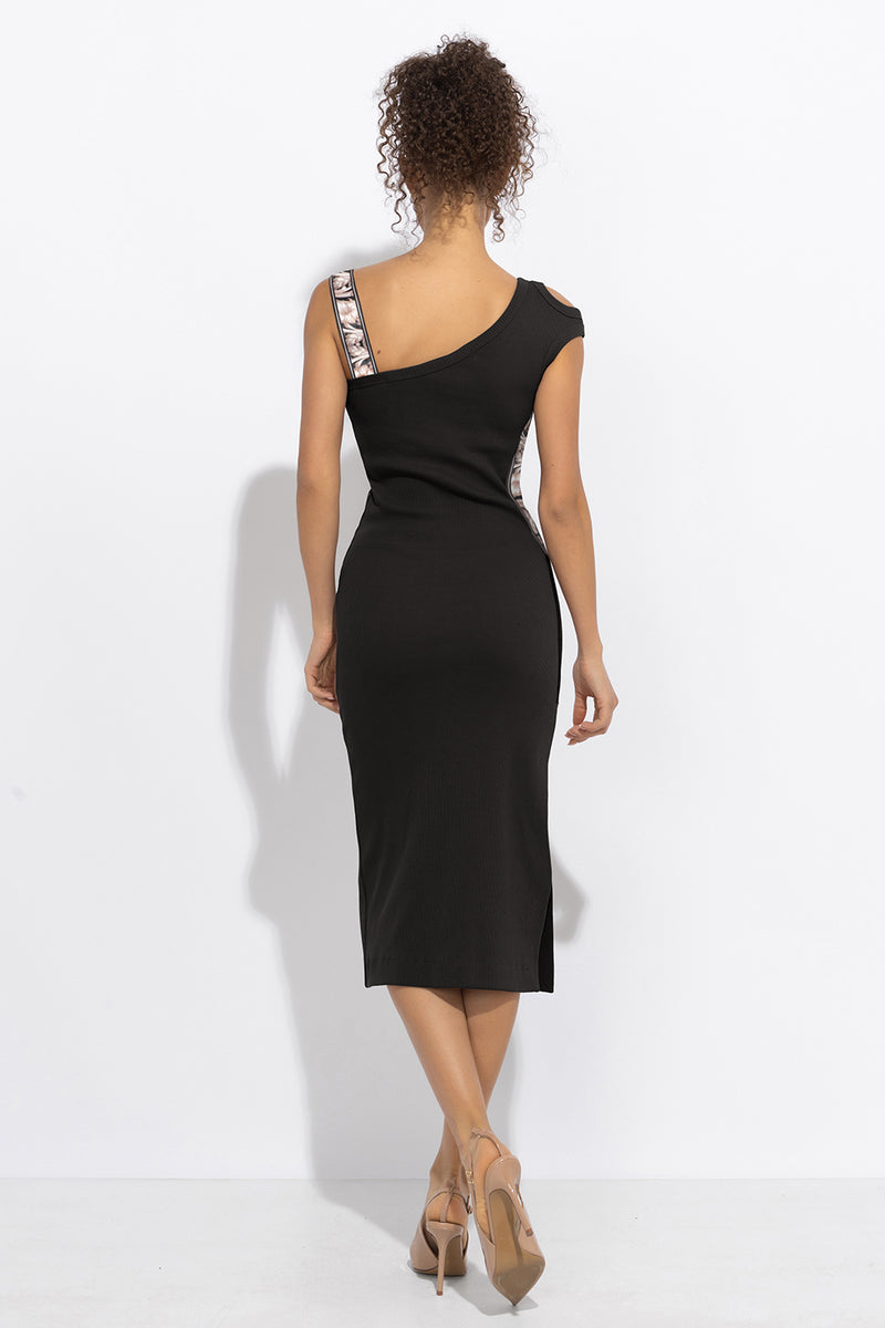 BLACK COTTON MIDI DRESS WITH ASYMMETRICAL SHOULDERS AND STRAP BAROQUE PEARL - ESSENTIALS