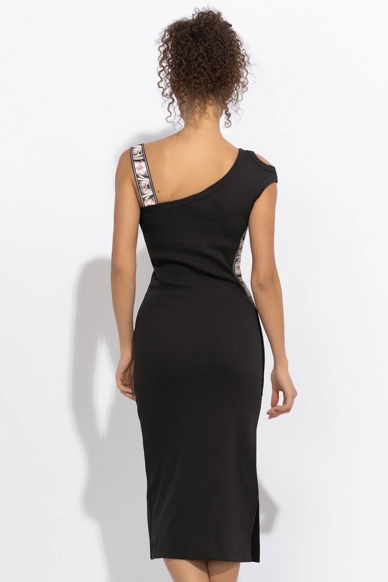 BLACK COTTON MIDI DRESS WITH ASYMMETRICAL SHOULDERS AND STRAP BAROQUE PEARL - ESSENTIALS