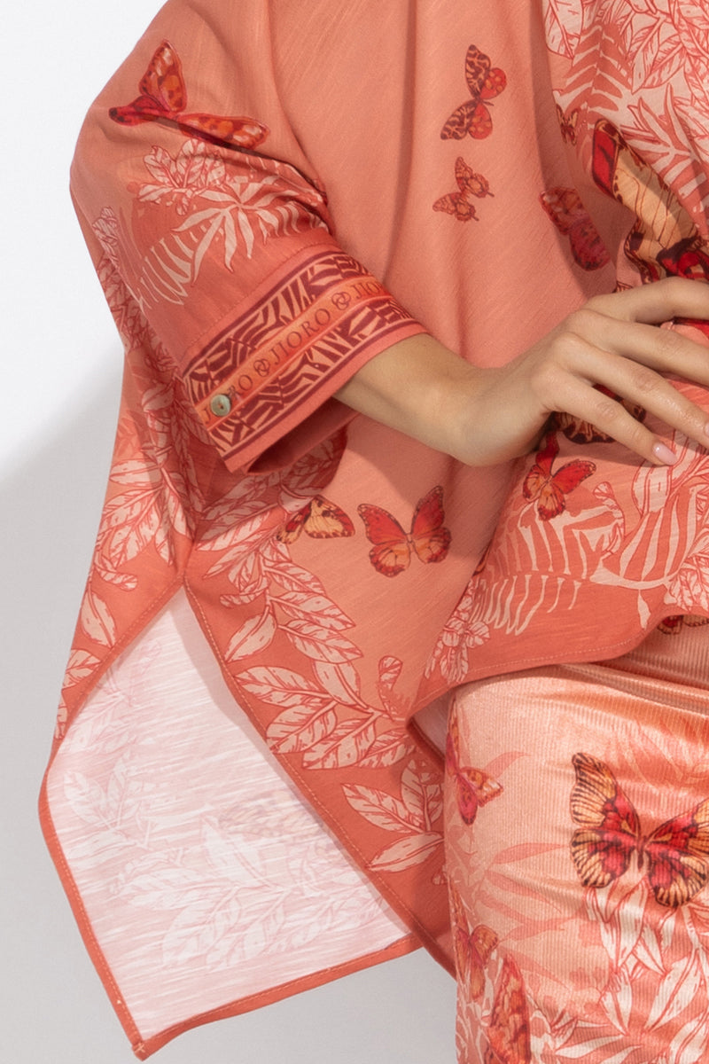 ПРАВОЪГЪЛНА ТУНИКА С ЯКА С НАБОРИ - PAPAYA BUTTERFLIES