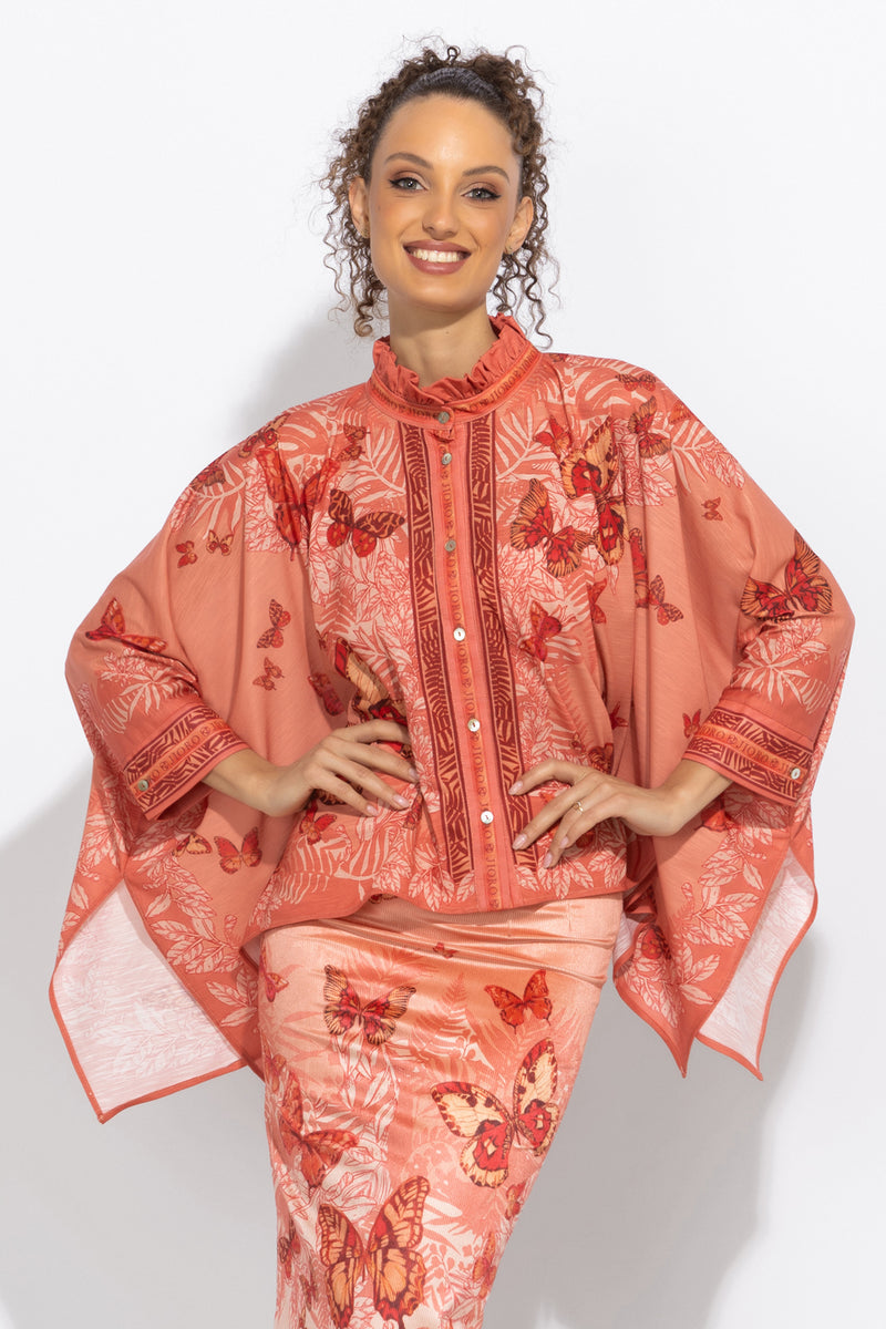 ПРАВОЪГЪЛНА ТУНИКА С ЯКА С НАБОРИ - PAPAYA BUTTERFLIES