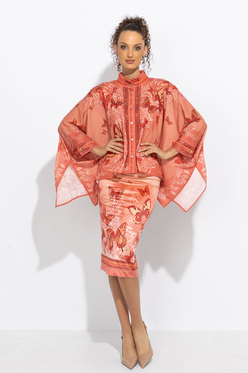 ПРАВОЪГЪЛНА ТУНИКА С ЯКА С НАБОРИ - PAPAYA BUTTERFLIES