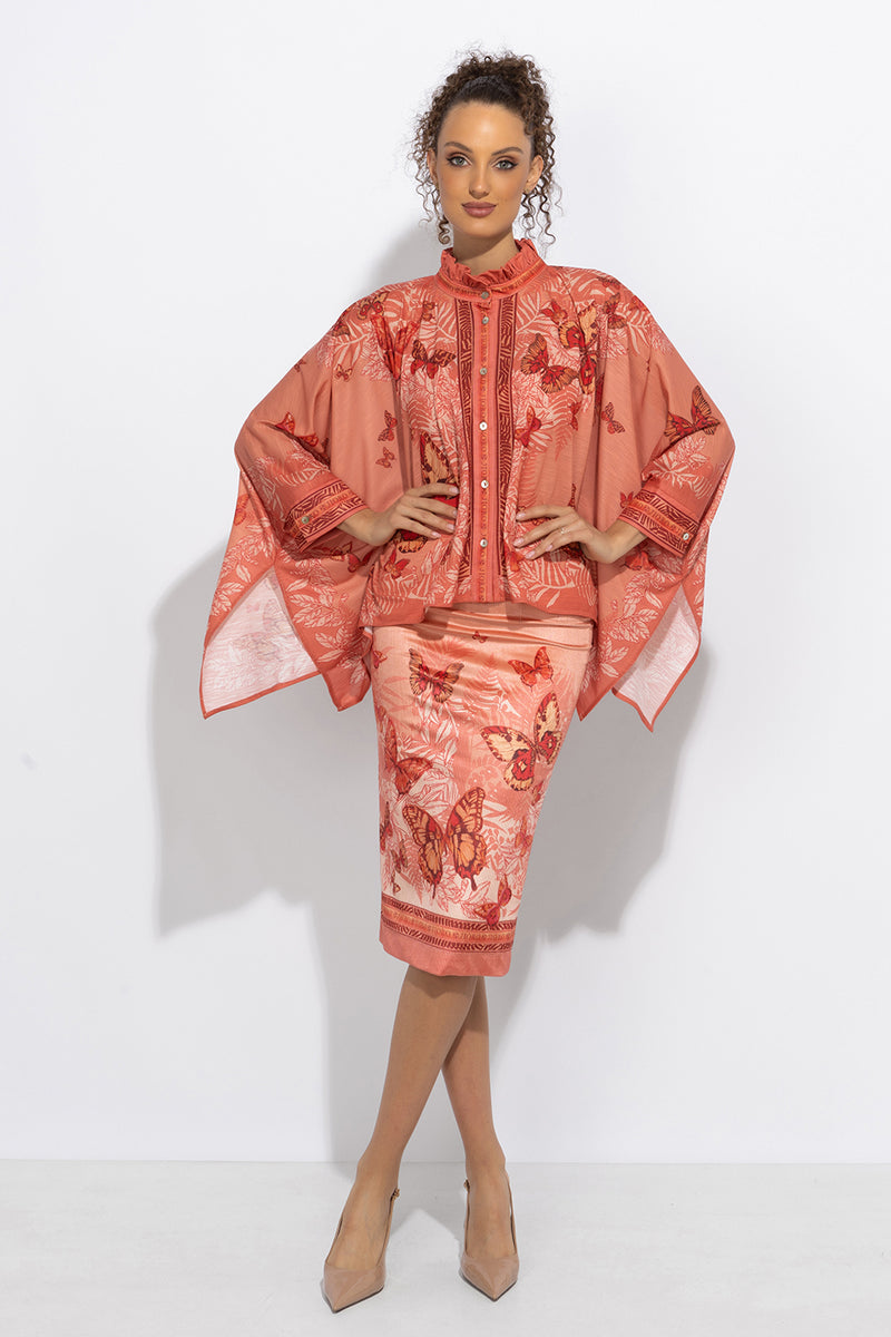 ПРАВОЪГЪЛНА ТУНИКА С ЯКА С НАБОРИ - PAPAYA BUTTERFLIES