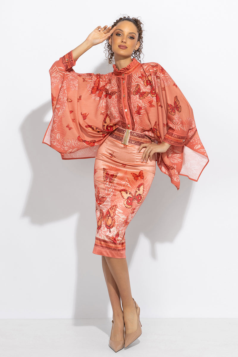 ПРАВОЪГЪЛНА ТУНИКА С ЯКА С НАБОРИ - PAPAYA BUTTERFLIES