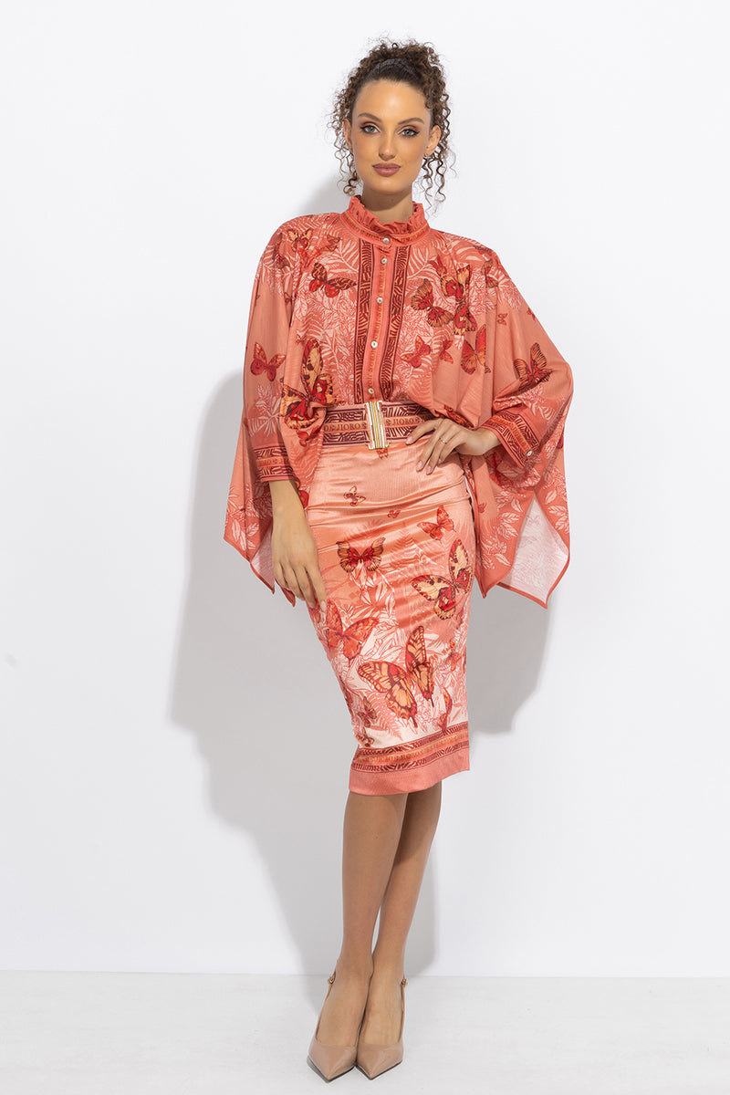 ПРАВОЪГЪЛНА ТУНИКА С ЯКА С НАБОРИ - PAPAYA BUTTERFLIES