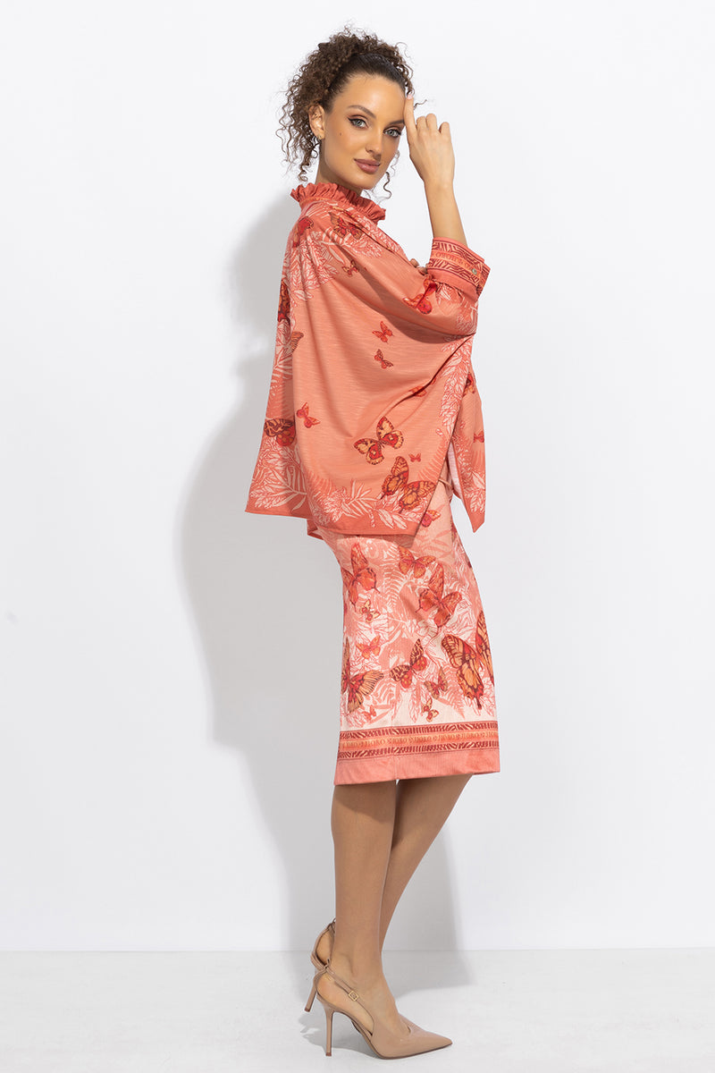 ПРАВОЪГЪЛНА ТУНИКА С ЯКА С НАБОРИ - PAPAYA BUTTERFLIES