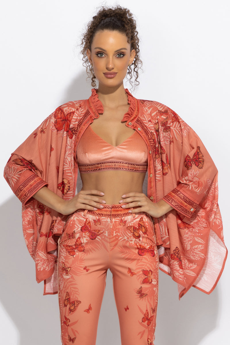 ПРАВОЪГЪЛНА ТУНИКА С ЯКА С НАБОРИ - PAPAYA BUTTERFLIES