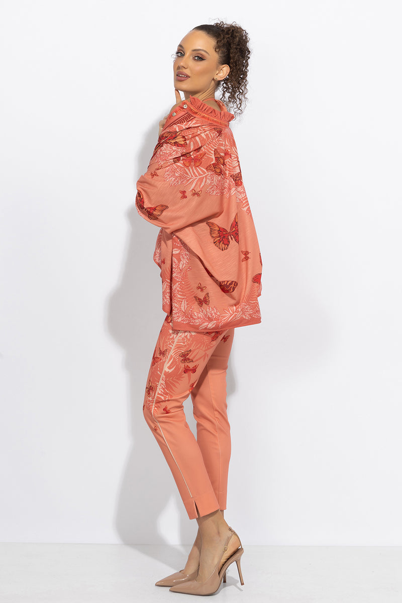 ПРАВОЪГЪЛНА ТУНИКА С ЯКА С НАБОРИ - PAPAYA BUTTERFLIES