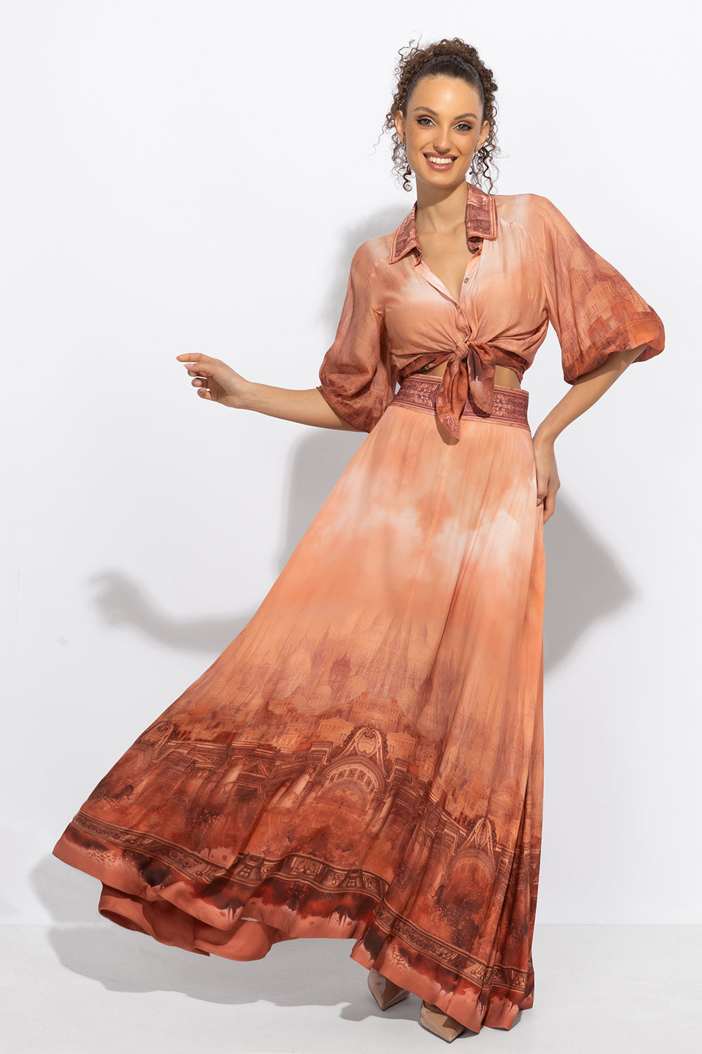 3/4-SLEEVE SHIRT WITH ELASTIC HEM AND SHELL BUTTON PLASTRON IN VISCOSE-SILK - ANCIENT TOWN