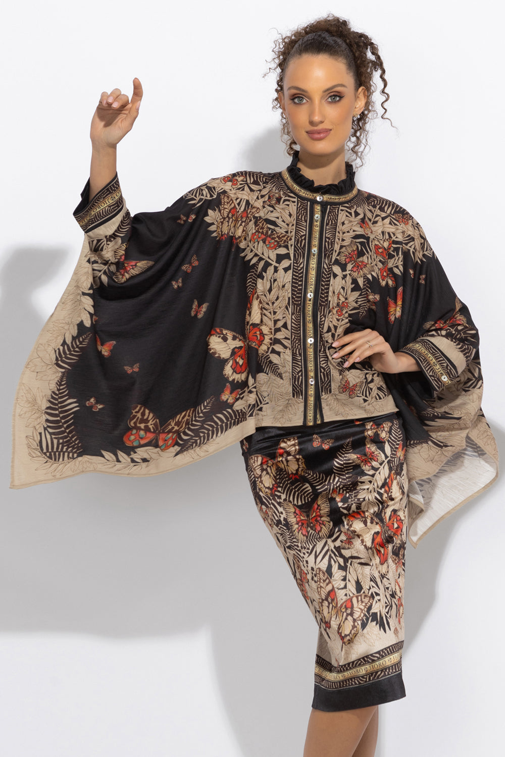 SQUARE TUNIC WITH RUFFLED COLLAR - MIDNIGHT BUTTERFLIES