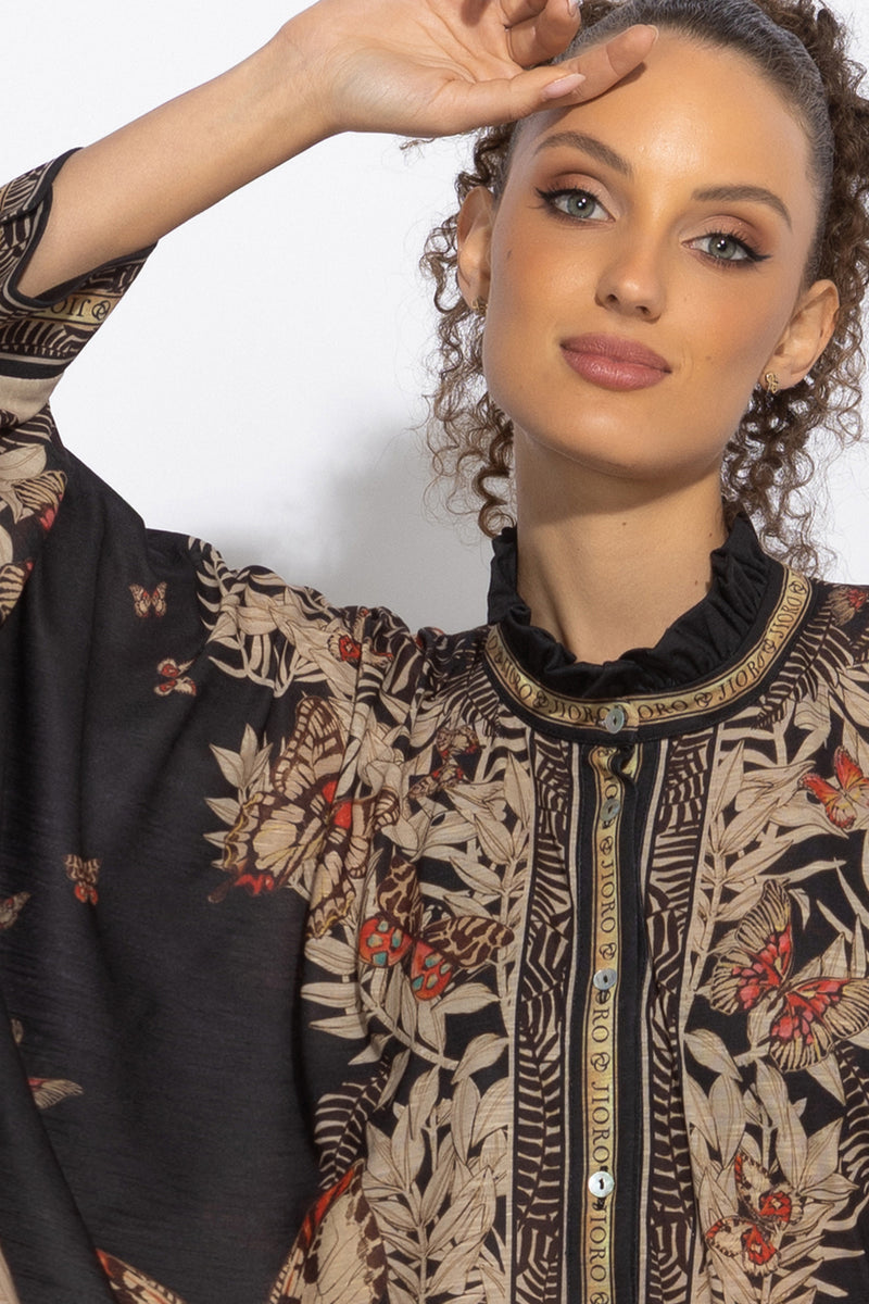 SQUARE TUNIC WITH RUFFLED COLLAR - MIDNIGHT BUTTERFLIES