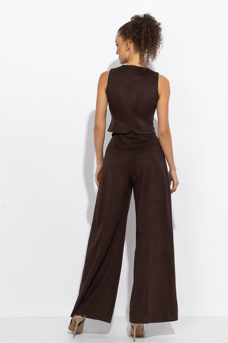 HIGH-WAISTED WIDE-LEG PANTS IN SUEDE-EFFECT DARK BROWN - ESSENTIALS JIORO ПАНТАЛОН С ВИСОКА ТАЛИЯ И ШИРОКИ КРАЧОЛИ С ЕФЕКТ НА ВЕЛУР В КАФЯВО - ESSENTIALS JIORO