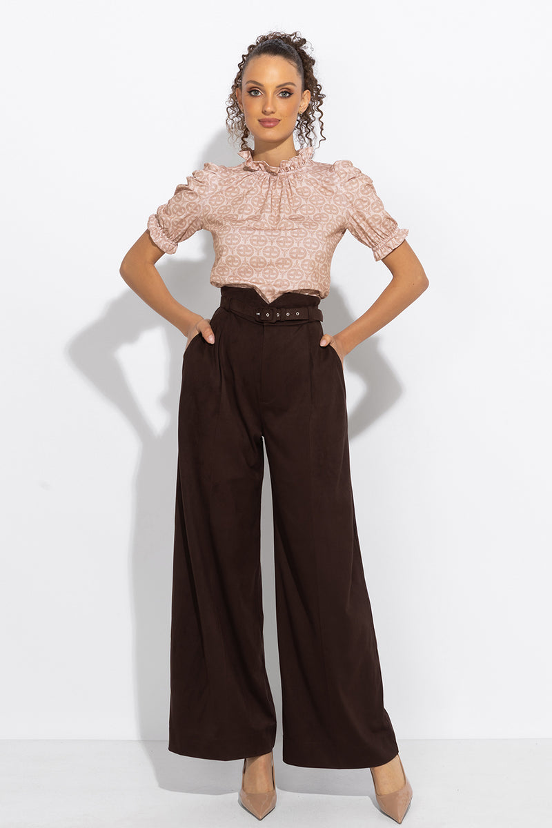 HIGH-WAISTED WIDE-LEG PANTS IN SUEDE-EFFECT DARK BROWN - ESSENTIALS JIORO ПАНТАЛОН С ВИСОКА ТАЛИЯ И ШИРОКИ КРАЧОЛИ С ЕФЕКТ НА ВЕЛУР В КАФЯВО - ESSENTIALS JIORO