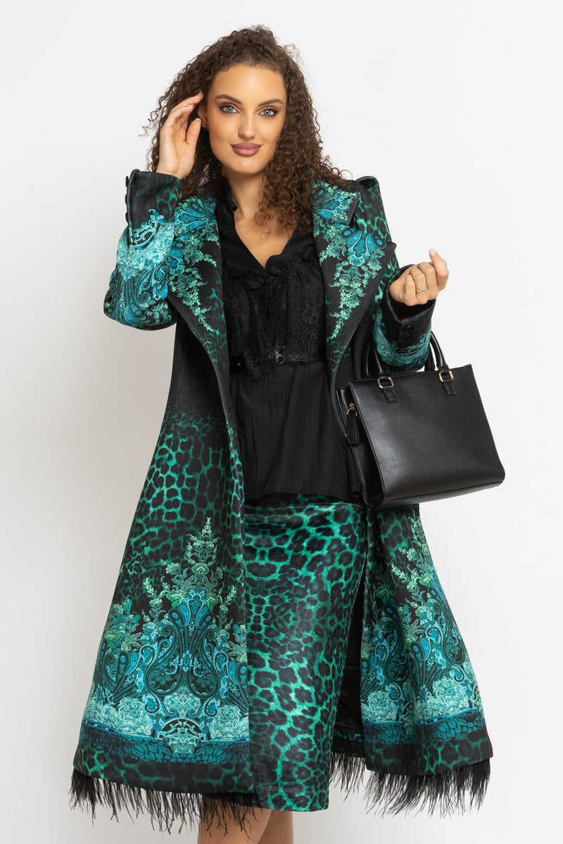 KNEE-LENGTH VELVET SKIRT - LEO NEON GREEN JIORO ПОЛА ДО КОЛЯНОТО ОТ КАДИФЕ - LEO NEON GREEN JIORO