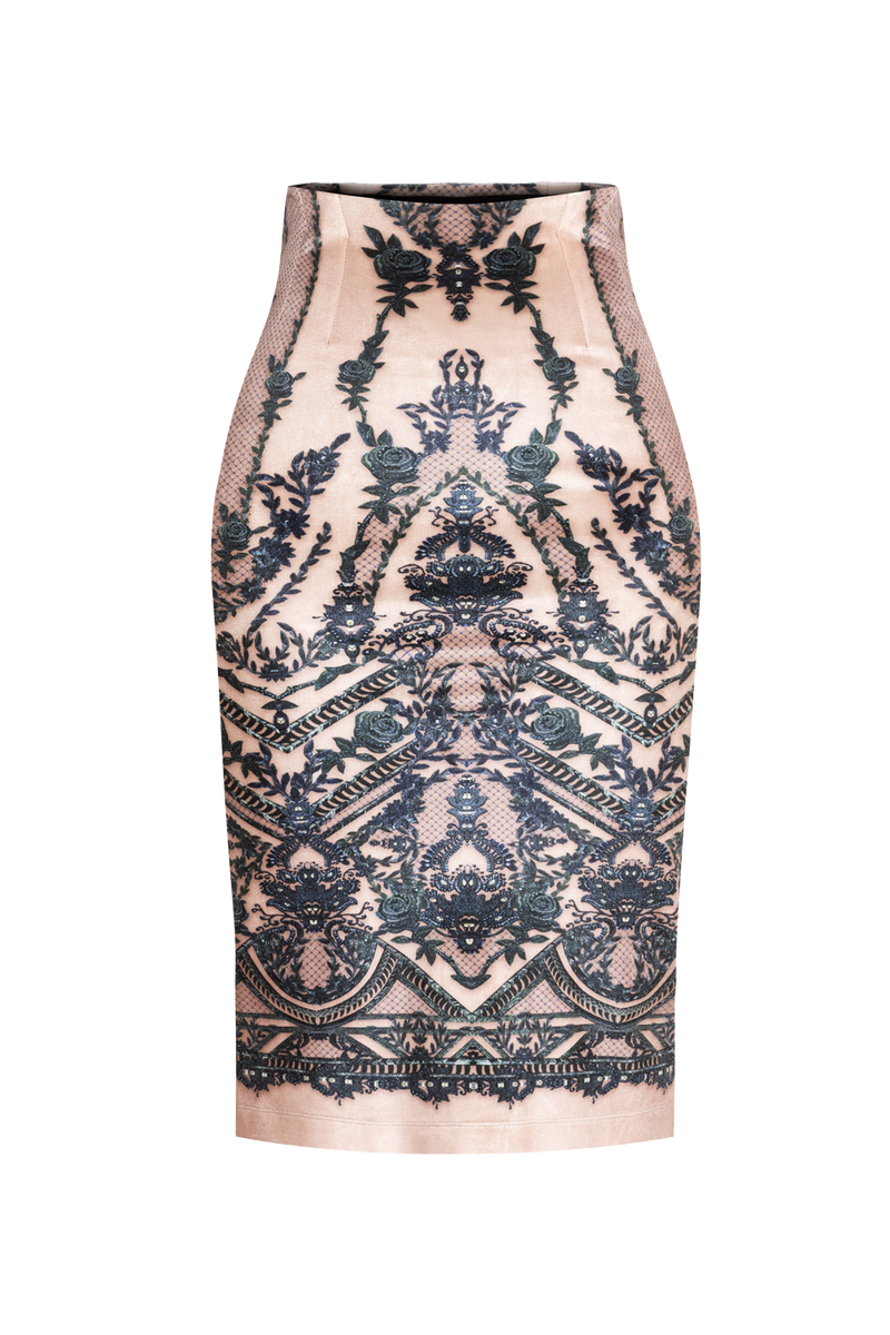 KNEE-LENGTH VELVET SKIRT - GRAFFITI POWDER JIORO ПОЛА ДО КОЛЯНОТО ОТ КАДИФЕ - GRAFFITI POWDER JIORO