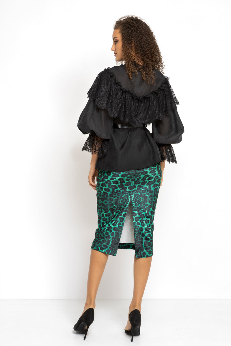 KNEE-LENGTH VELVET SKIRT - LEO NEON GREEN