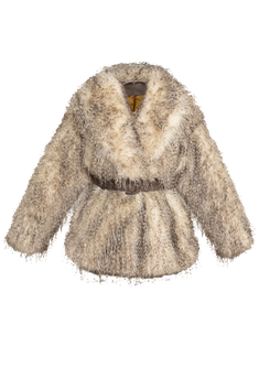 OVERSIZED FAUX FUR COAT WITH LARGE SHAWL COLLAR AND BELT IN LUNGO OWL COLOR - ESSENTIALS