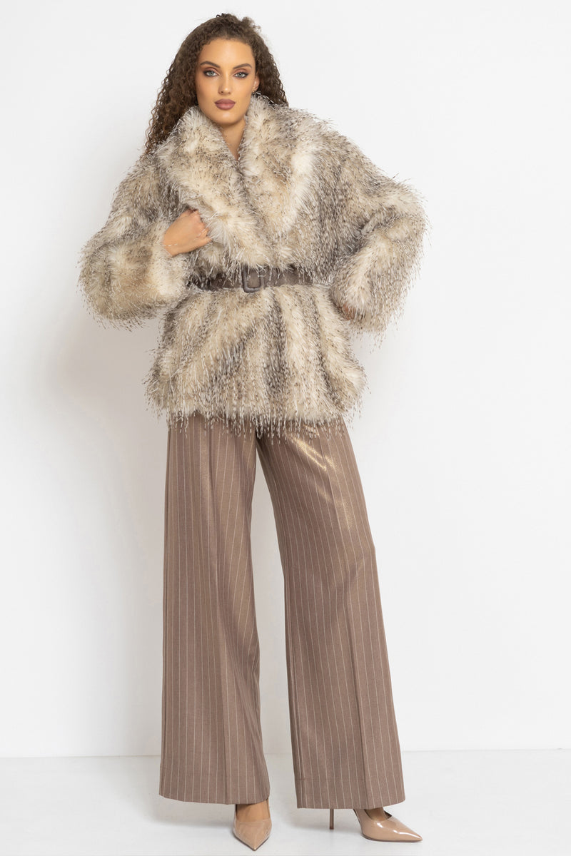 OVERSIZED FAUX FUR COAT WITH LARGE SHAWL COLLAR AND BELT IN LUNGO OWL COLOR - ESSENTIALS