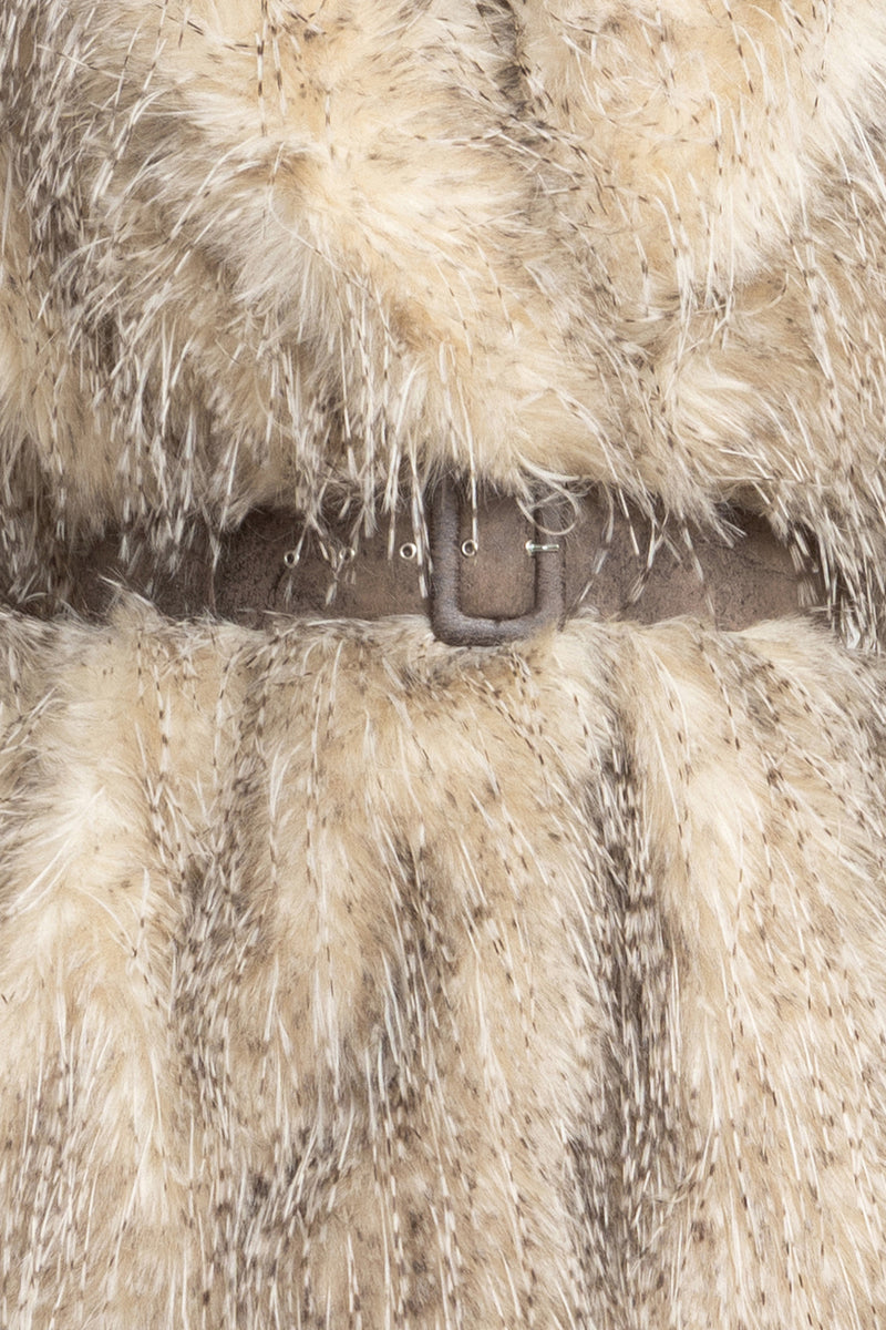 OVERSIZED FAUX FUR COAT WITH LARGE SHAWL COLLAR AND BELT IN LUNGO OWL COLOR - ESSENTIALS