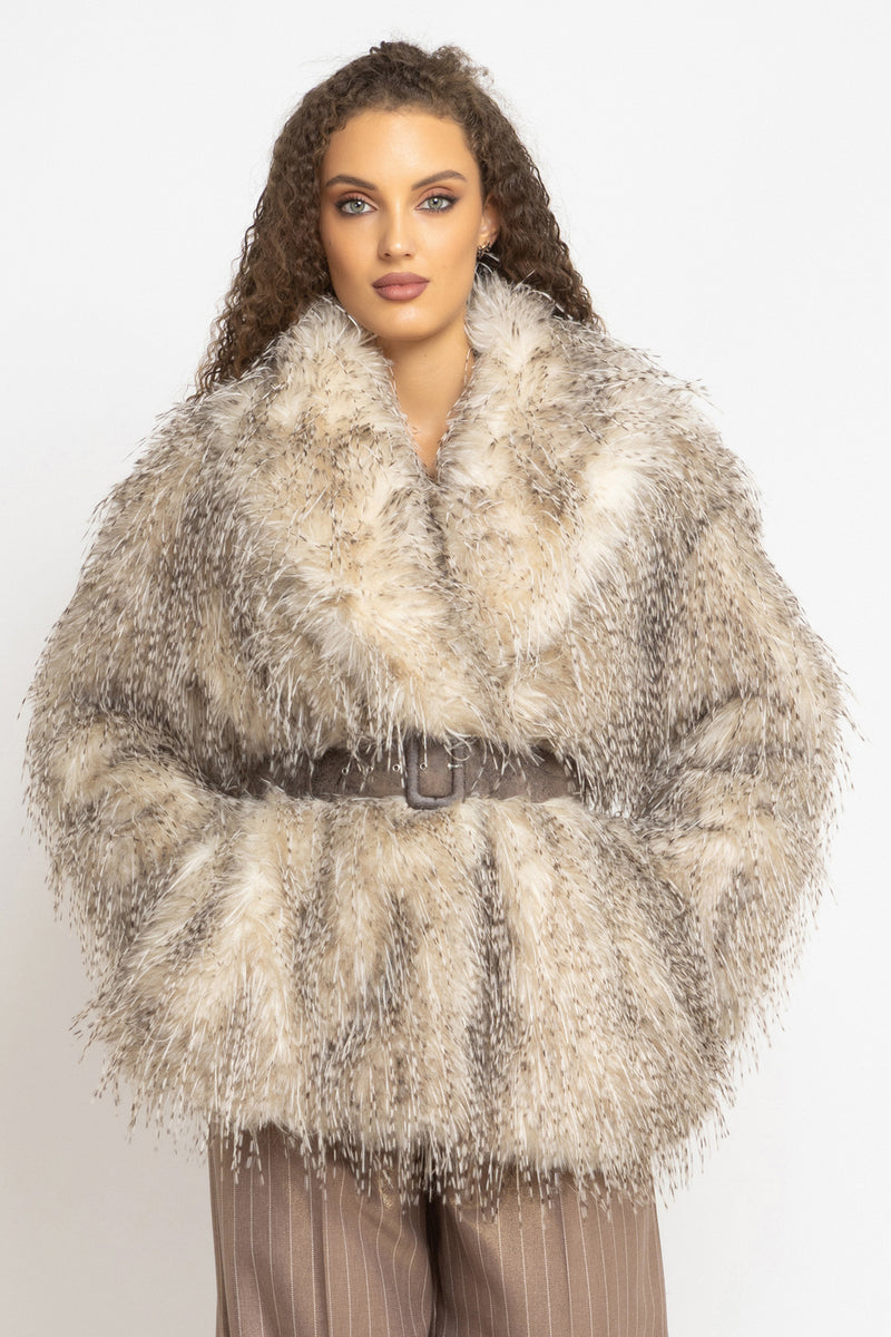 OVERSIZED FAUX FUR COAT WITH LARGE SHAWL COLLAR AND BELT IN LUNGO OWL COLOR - ESSENTIALS