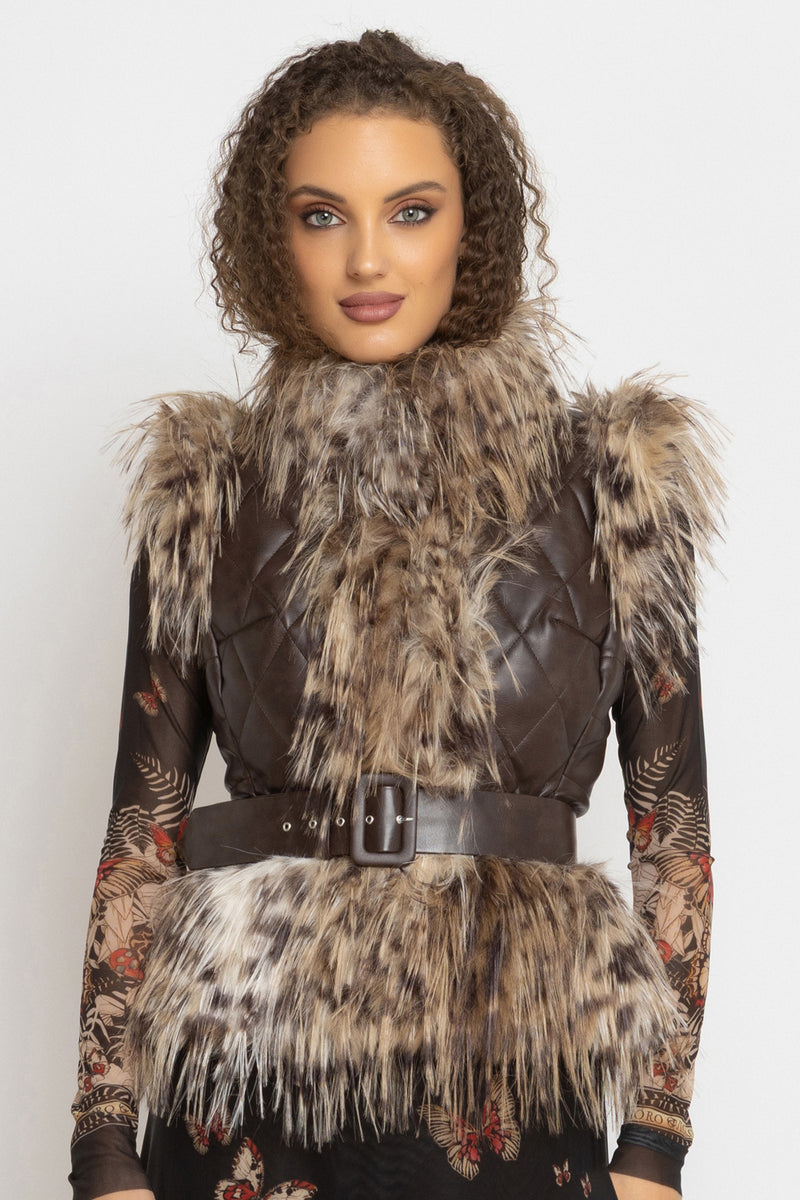 LEATHER-EFFECT GILET WITH SERVAL FUR TEXTURE - ESSENTIALS