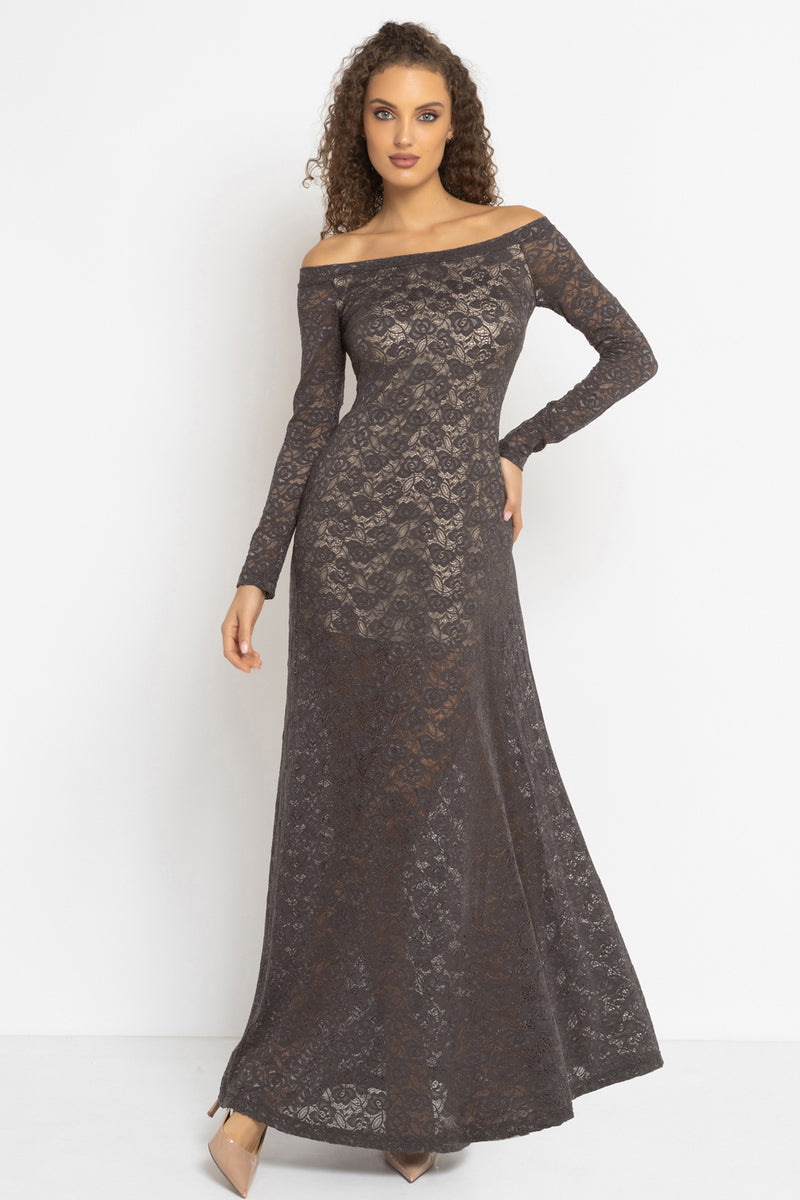LONG A-LINE LACE DRESS WITH BOAT NECKLINE IN MOCHA - ESSENTIALS JIORO ДЪЛГА ДАНТЕЛЕНА РОКЛЯ В МОКА - ESSENTIALS JIORO