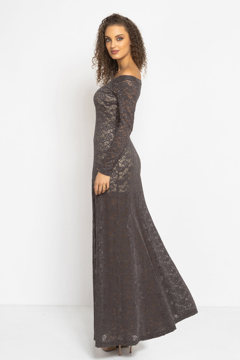 LONG A-LINE LACE DRESS WITH BOAT NECKLINE IN MOCHA - ESSENTIALS JIORO ДЪЛГА ДАНТЕЛЕНА РОКЛЯ В МОКА - ESSENTIALS JIORO
