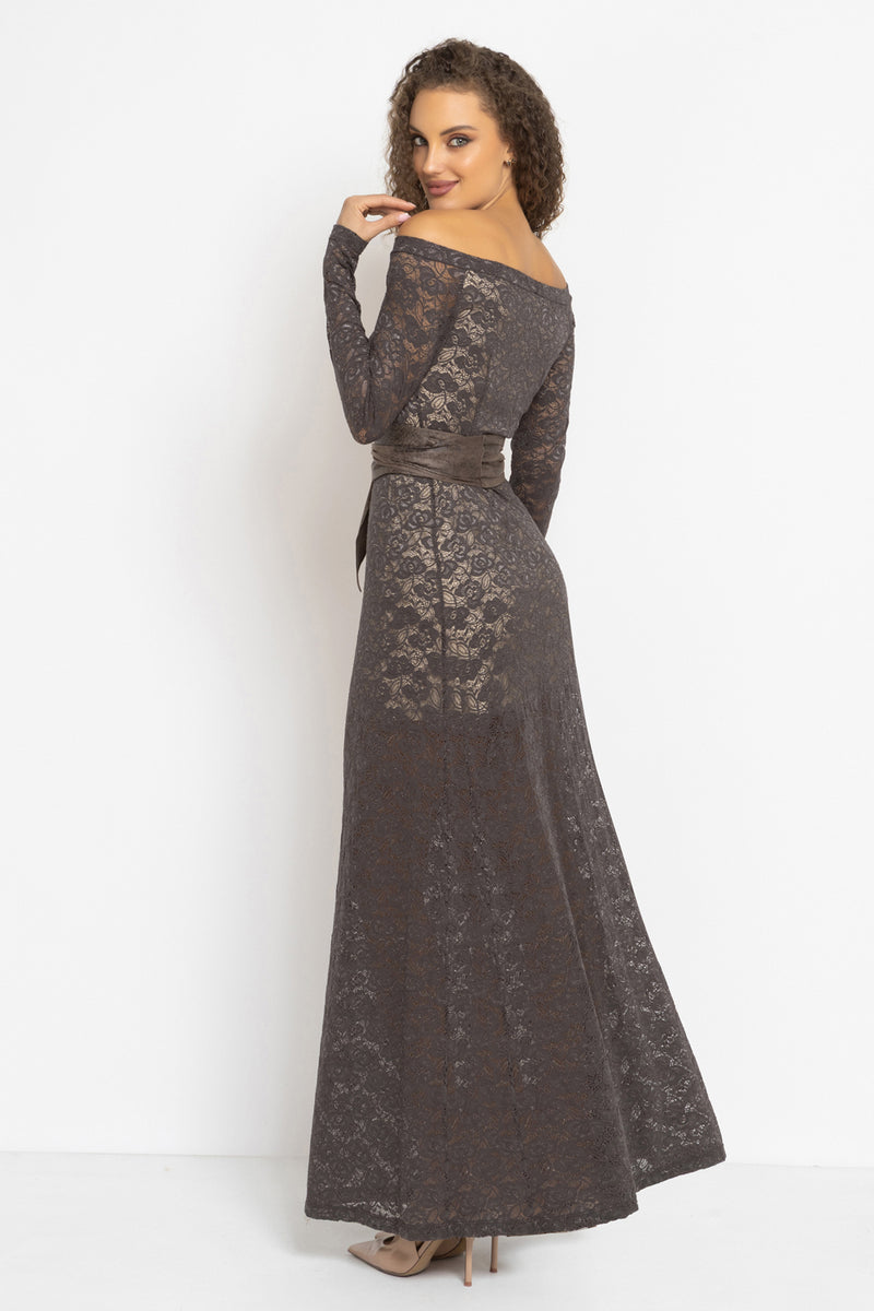 LONG A-LINE LACE DRESS WITH BOAT NECKLINE IN MOCHA - ESSENTIALS JIORO ДЪЛГА ДАНТЕЛЕНА РОКЛЯ В МОКА - ESSENTIALS JIORO