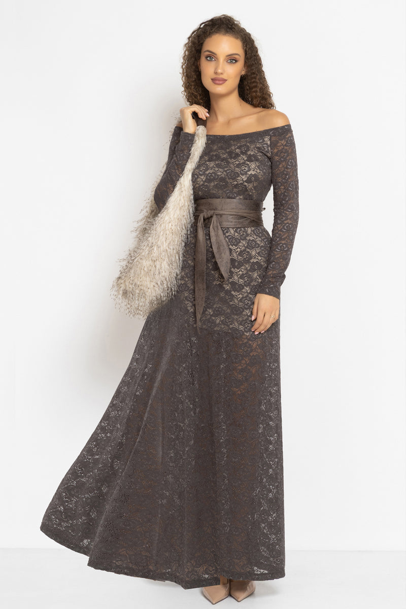LONG A-LINE LACE DRESS WITH BOAT NECKLINE IN MOCHA - ESSENTIALS JIORO ДЪЛГА ДАНТЕЛЕНА РОКЛЯ В МОКА - ESSENTIALS JIORO