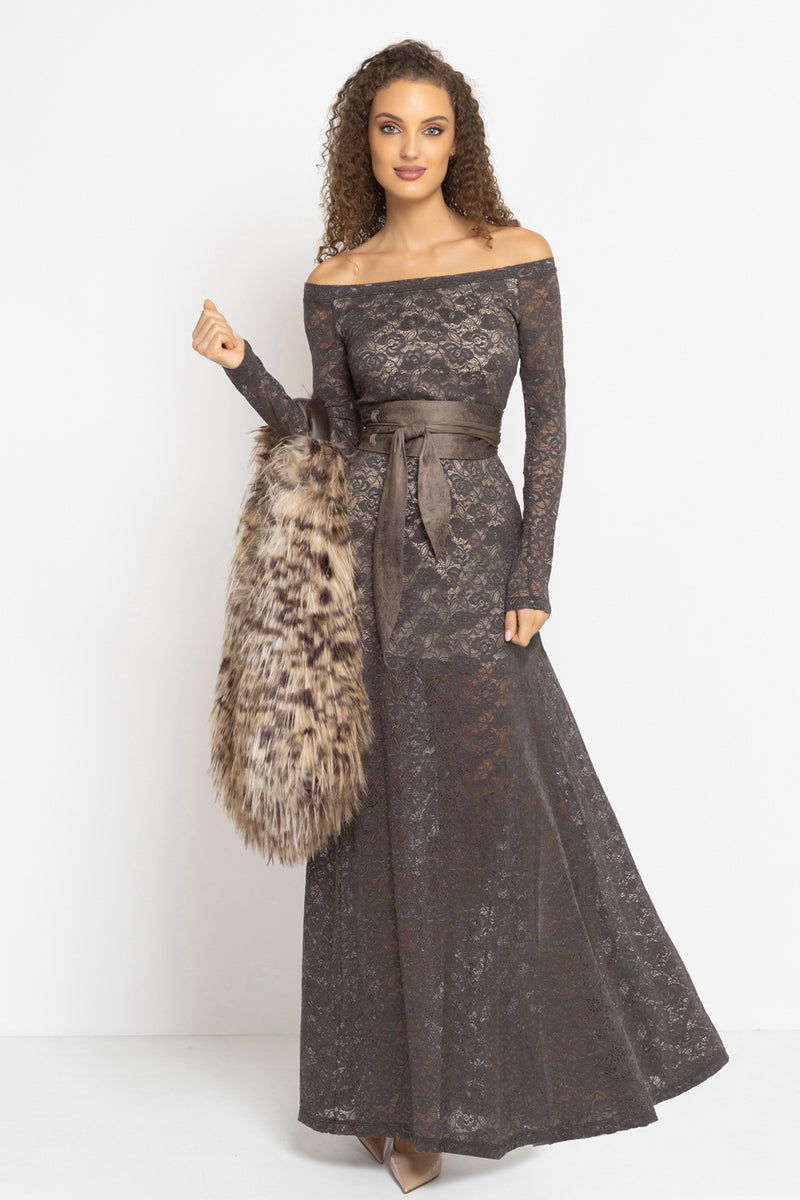 LONG A-LINE LACE DRESS WITH BOAT NECKLINE IN MOCHA - ESSENTIALS JIORO ДЪЛГА ДАНТЕЛЕНА РОКЛЯ В МОКА - ESSENTIALS JIORO