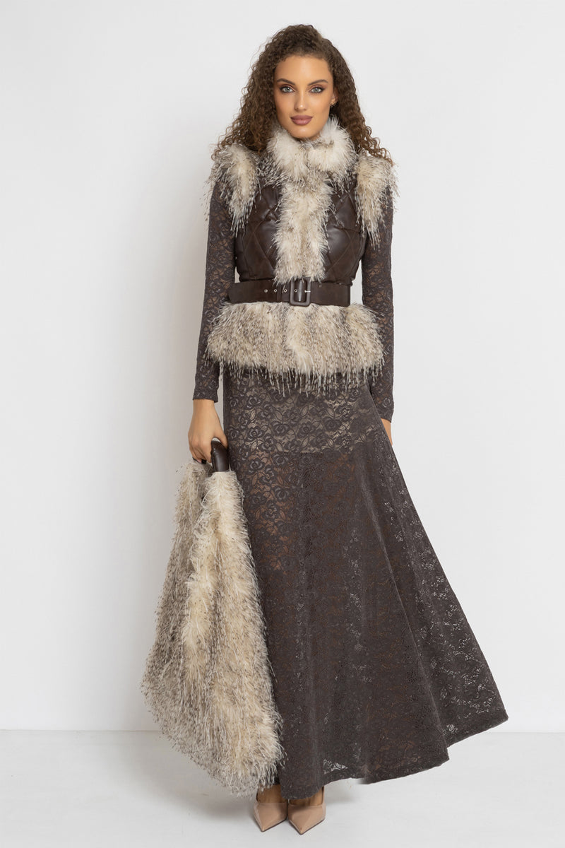 LEATHER-EFFECT GILET WITH OWL FUR TEXTURE - ESSENTIALS JIORO ЕЛЕК С ЕФЕКТ НА КОЖА И ИМИТАЦИЯ НА КОСЪМ С ОКРАСКА СОВА - ESSENTIALS JIORO