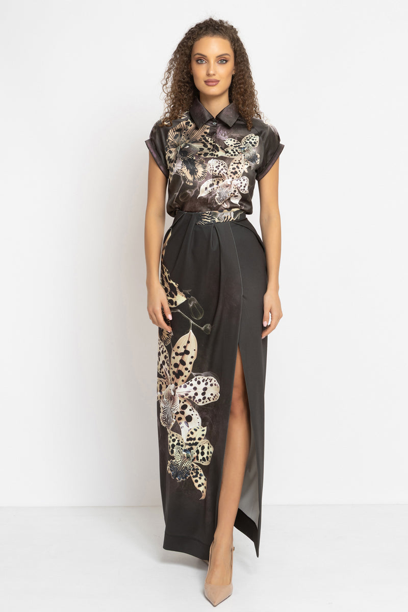 BLACK MAXI SKIRT WITH LONG SLIT - LEO ORCHID JIORO ЧЕРНА ДЪЛГА ПОЛА С ЦЕПКА - LEO ORCHID JIORO