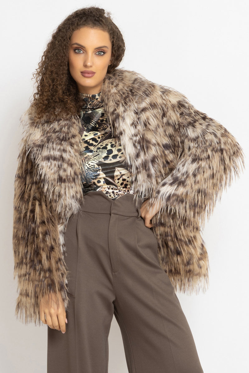 OVERSIZED FAUX FUR COAT WITH LARGE SHAWL COLLAR IN SERVAL PRINT AND BELT - ESSENTIALS JIORO ОВЪРСАЙЗ ПАЛТО ОТ ИЗКУСТВЕН КОСЪМ С ШАРКА СЕРВАЛ С ГОЛЯМА ШАЛ-ЯКА И КОЛАН - ESSENTIALS JIORO