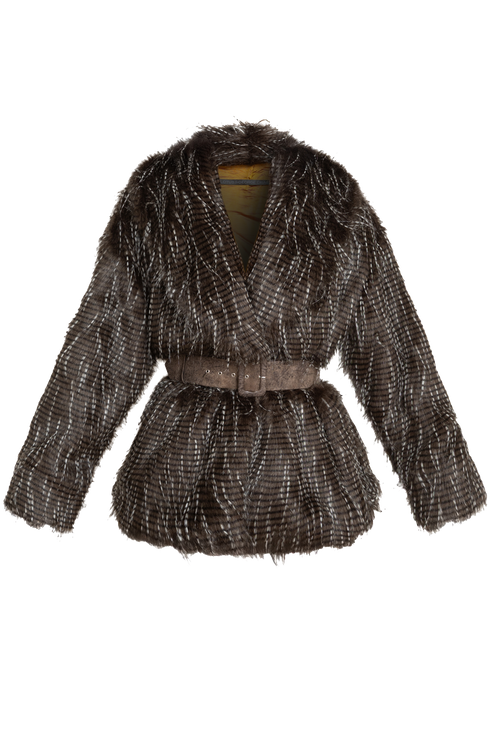 OVERSIZED PHEASANT PATTERN FAUX FUR COAT WITH BELT - ESSENTIALS JIORO ОВЪРСАЙЗ ПАЛТО ОТ ИЗКУСТВЕН КОСЪМ С ШАРКА ФАЗАН С ГОЛЯМА ШАЛ-ЯКА - ESSENTIALS JIORO