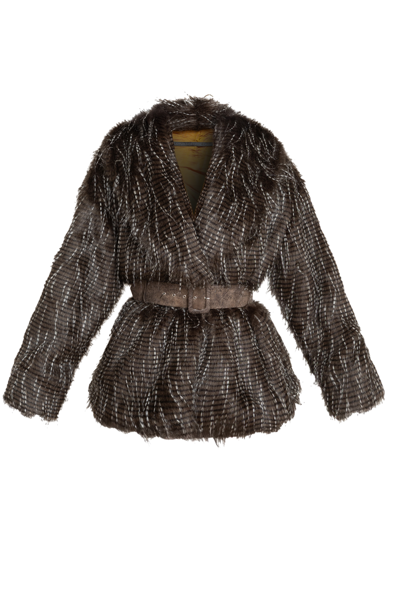 OVERSIZED PHEASANT PATTERN FAUX FUR COAT WITH BELT - ESSENTIALS JIORO ОВЪРСАЙЗ ПАЛТО ОТ ИЗКУСТВЕН КОСЪМ С ШАРКА ФАЗАН С ГОЛЯМА ШАЛ-ЯКА - ESSENTIALS JIORO