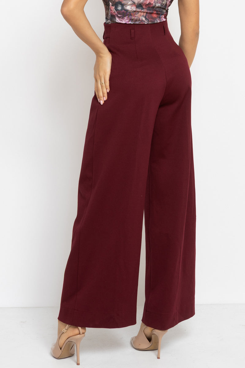 VISCOSE BLEND HIGH-WAISTED BURGUNDY TROUSERS - ESSENTIALS
