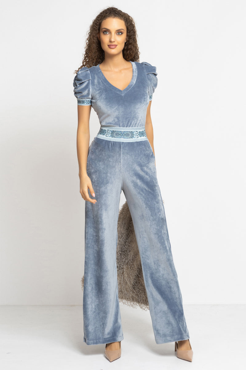 VELVET WIDE-LEG TROUSERS WITH ELASTIC WAIST IN STEEL GREY - ESSENTIALS JIORO БЛУЗА ОТ КАДИФЕ С НАБРАН КЪС РЪКАВ И V ДЕКОЛТЕ В СТОМАНЕНО СИВО - ESSENTIALS JIORO