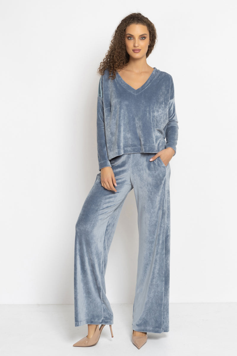 VELVET WIDE-LEG TROUSERS WITH ELASTIC WAIST IN STEEL GREY - ESSENTIALS JIORO БЛУЗА ОТ КАДИФЕ С НАБРАН КЪС РЪКАВ И V ДЕКОЛТЕ В СТОМАНЕНО СИВО - ESSENTIALS JIORO