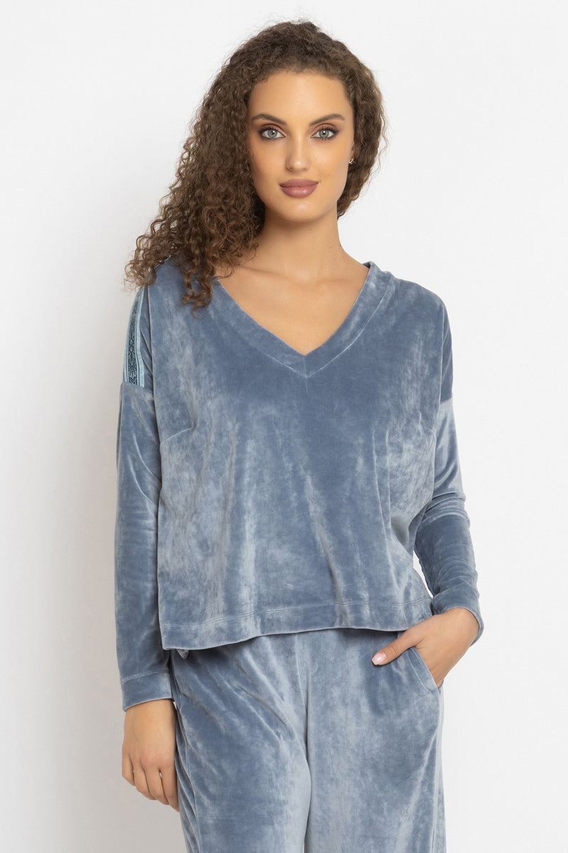 LOOSE SQUARE-CUT VELVET BLOUSE IN STEEL GREY - ESSENTIALS JIORO СВОБОДНА БЛУЗА ОТ КАДИФЕ В СТОМАНЕНО СИВО - ESSENTIALS JIORO