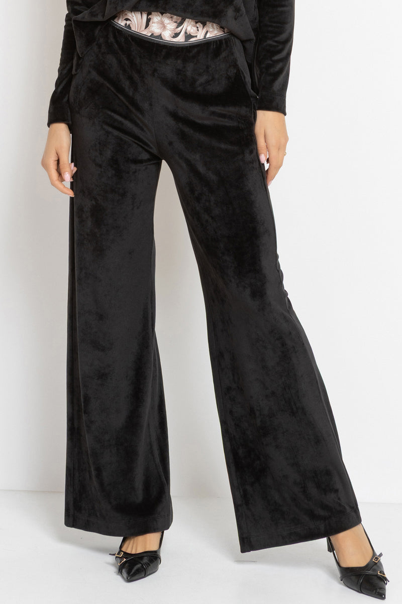 VELVET WIDE-LEG TROUSERS WITH ELASTIC WAIST IN BLACK - ESSENTIALS