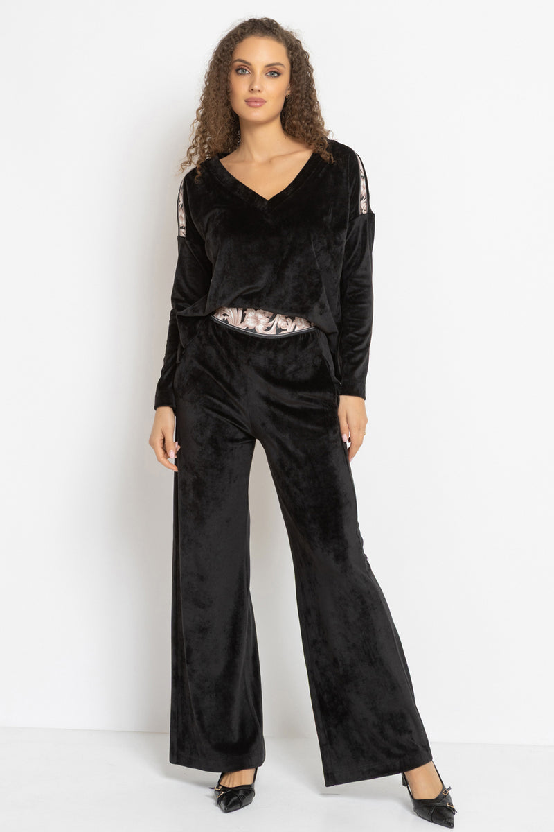 VELVET WIDE-LEG TROUSERS WITH ELASTIC WAIST IN BLACK - ESSENTIALS